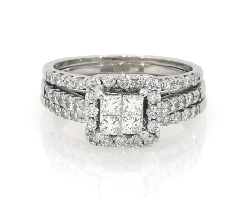 Main Image 1 of Previously Owned Princess-Cut Diamond Quad Bridal Set 1-1/2 ct tw 14K White Gold Size 5