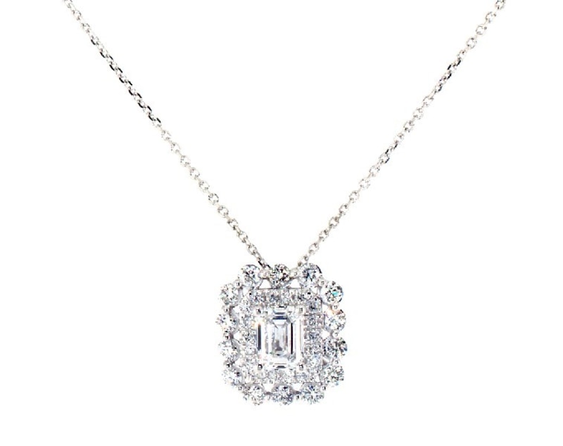 Main Image 1 of Previously Owned KAY Lab-Grown diamonds Emerald-Cut Necklace 1 ct tw 14K White Gold 18”