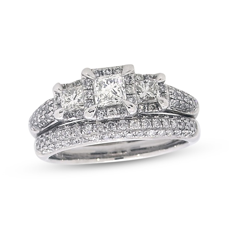 Main Image 1 of Previously Owned Princess-Cut Diamond Three-Stone Bridal Set 1-3/8 ct tw 14K White Gold Size 7