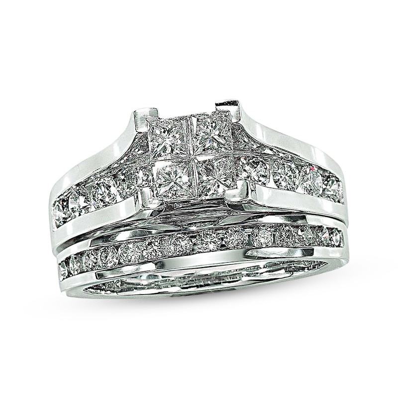 Main Image 1 of Previously Owned Princess-Cut Quad Diamond Bridal Set 1-1/2 ct tw 14K White Gold Size 4.5