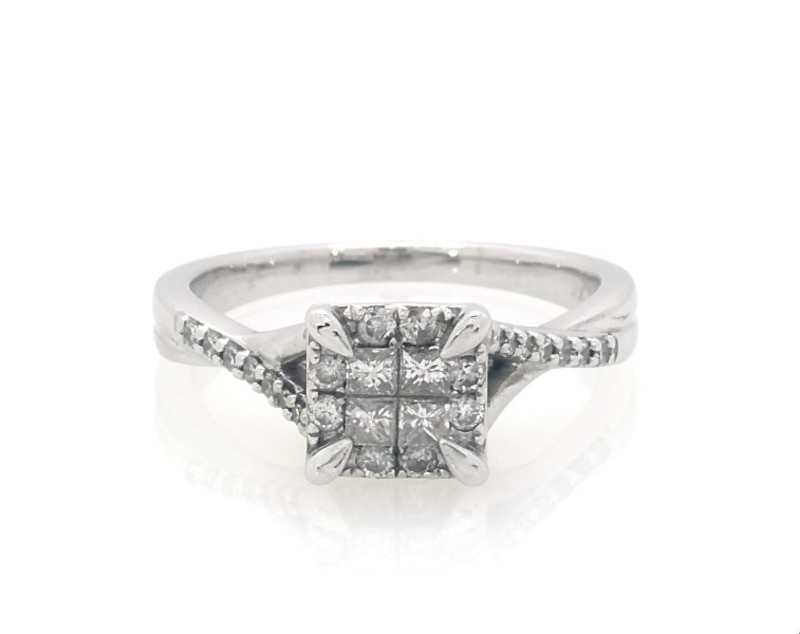 Main Image 1 of Previously Owned Princess-Cut Quad Diamond Cushion Halo Engagement Ring 1/3 ct tw 10K White Gold Size 7