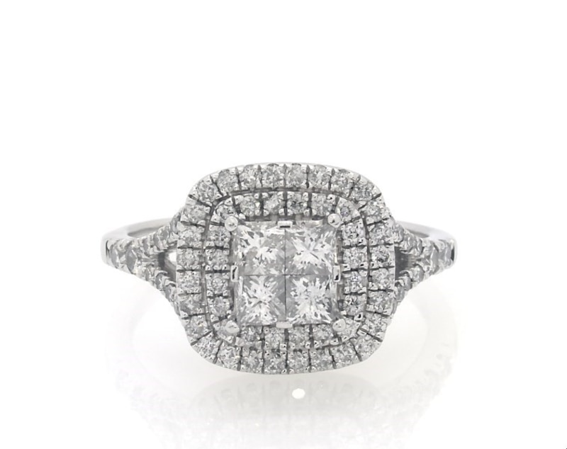 Main Image 1 of Previously Owned Princess-Cut Quad Diamond Halo Engagement Ring 1-1/6 ct tw 14K White Gold Size 7