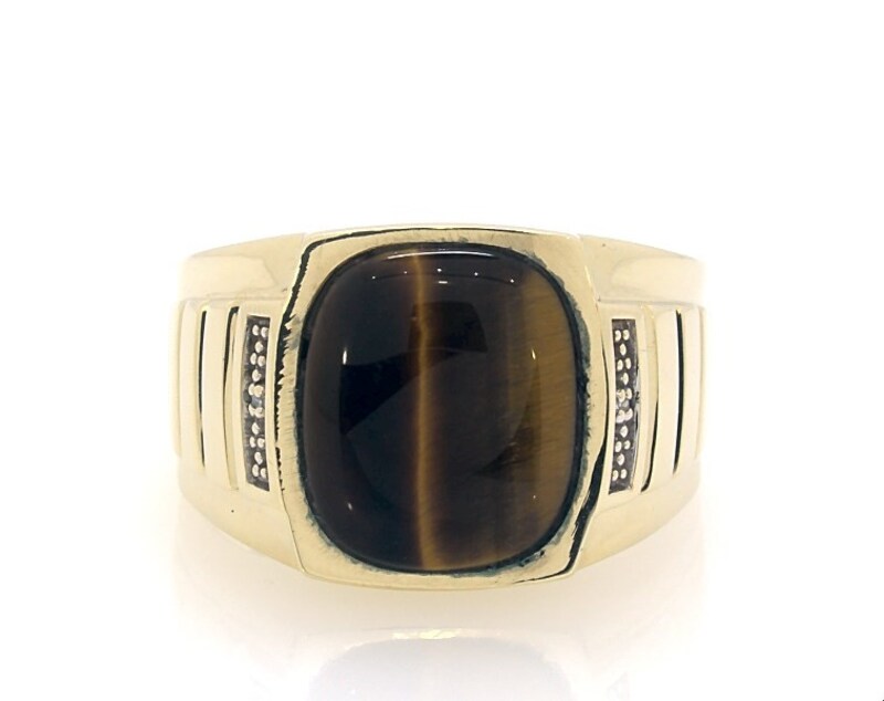Main Image 1 of Previously Owned Men's Tiger's Eye & Diamond Accent Signet Ring 10K Yellow Gold Size 10.5