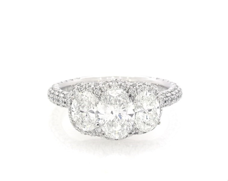 Main Image 1 of Previously Owned Neil Lane Oval-Cut Diamond Three-Stone Halo Engagement Ring 2-1/3 ct tw 14K White Gold Size 4.5