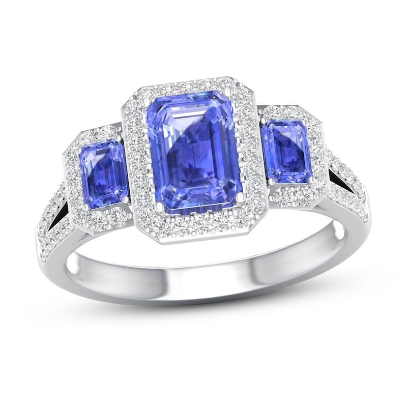 Main Image 1 of Previously Owned Tanzanite & Diamond Engagement Ring 1/3 ct tw Emerald/Round-cut 10K White Gold Size 6