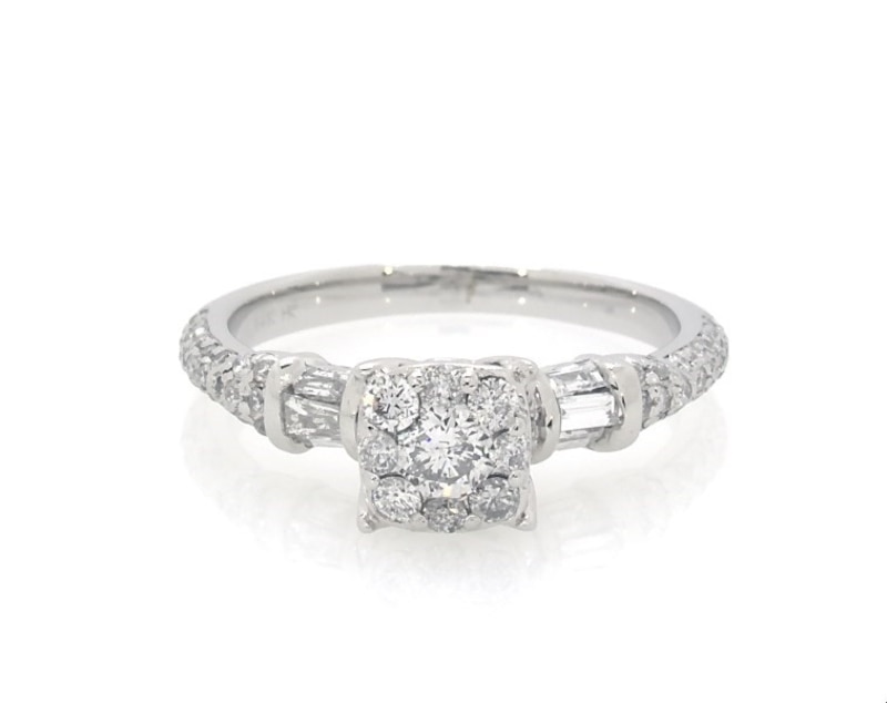Main Image 1 of Previously Owned Diamond Engagement Ring 3/4 ct tw Round & Baguette 14K White Gold