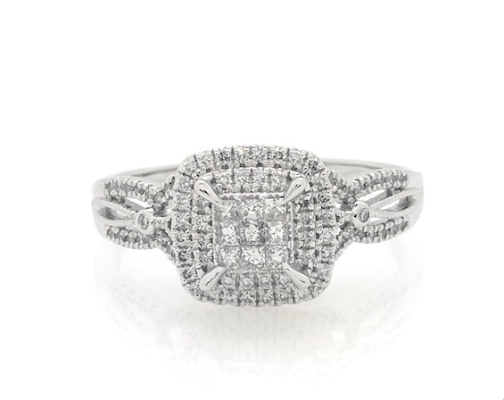 Previously Owned Princess-Cut Multi-Diamond Double Halo Engagement Ring 5/8 ct tw 10K White Gold Size 11