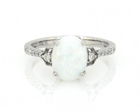 Previously Owned Opal & Diamond Ring 1/6 ct tw Round-cut 10K White Gold