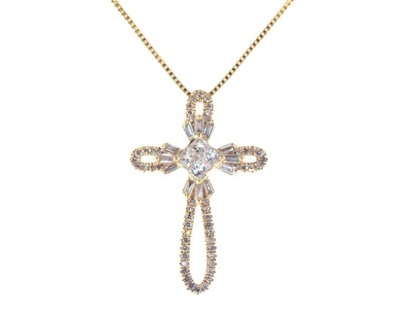 Main Image 1 of Previously Owned Diamond Cross Necklace 3/8 ct tw Round, Baguette & Princess 10K Yellow Gold 18"
