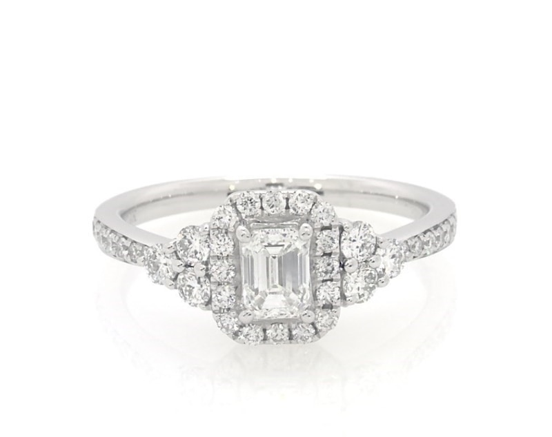 Main Image 1 of Previously Owned Emerald-Cut Diamond Halo Engagement Ring 1 ct tw 14K White Gold
