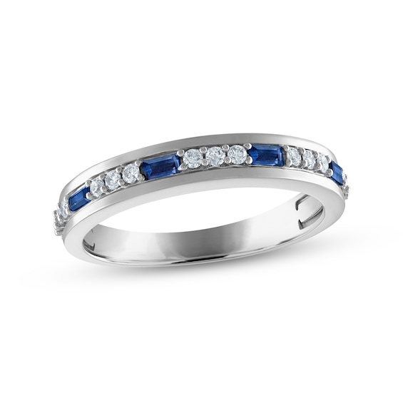 Previously Owned Men's Blue Sapphire & Diamond Wedding Band 1/5 ct tw Round-cut 10K White Gold
