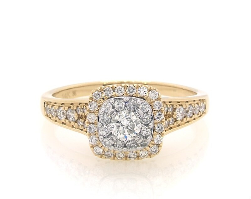 Main Image 1 of Previously Owned Round-Cut Diamond Double Cushion Halo Engagement Ring 1 ct tw 14K Two-Tone Gold
