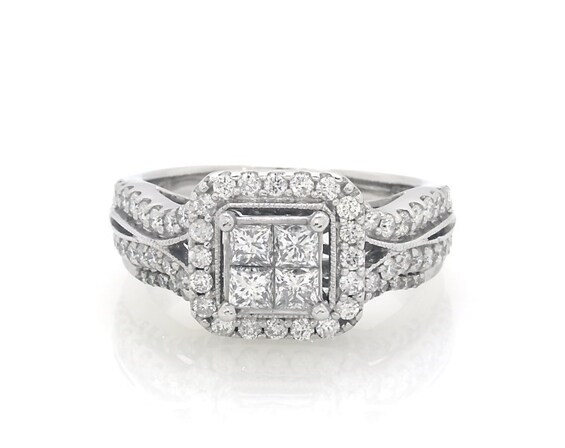Previously Owned Princess-Cut Quad Diamond Halo Bridal Set 1 ct tw 10K White Gold Size 6.5