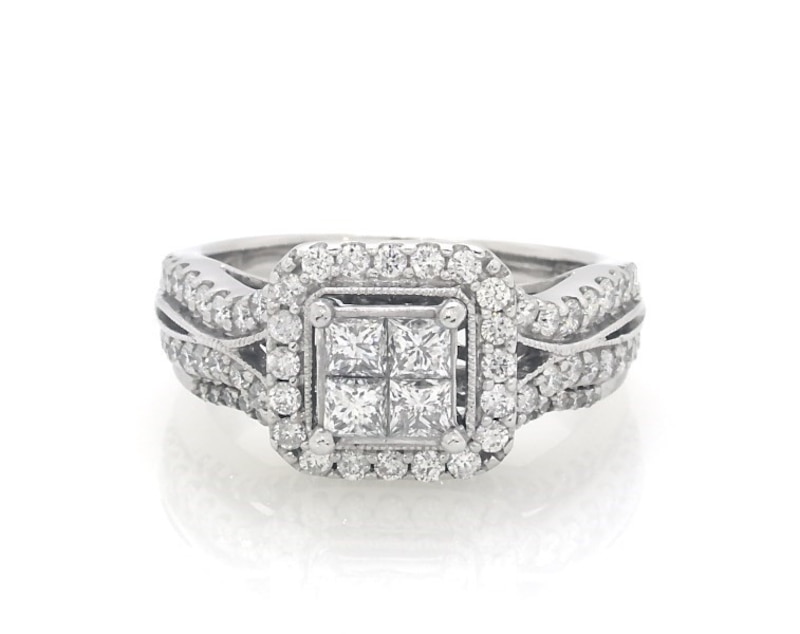Main Image 1 of Previously Owned Princess-Cut Quad Diamond Halo Bridal Set 1 ct tw 10K White Gold Size 6.5