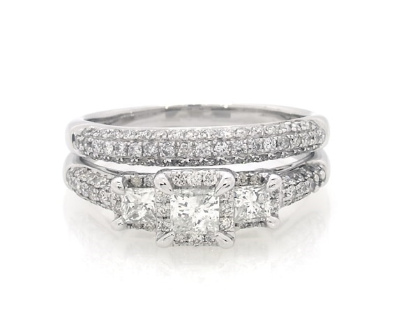 Previously Owned Princess-Cut Three-Stone Bridal Set 1-1/3 ct tw 14K White Gold Size 8.5
