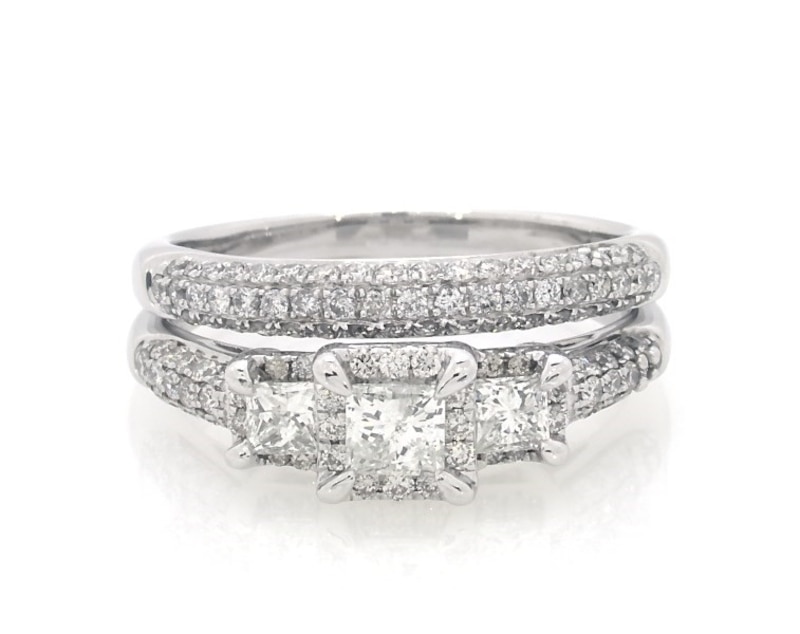 Main Image 1 of Previously Owned Princess-Cut Three-Stone Bridal Set 1-1/3 ct tw 14K White Gold Size 8.5