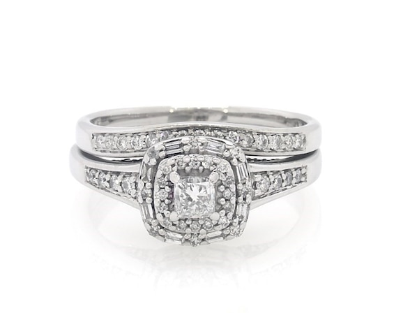 Previously Owned Princess-Cut Diamond Double Halo Bridal Set 3/4 ct tw 14K White Gold Size 8.5