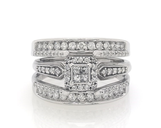 Previously Owned Princess-Cut Quad Diamond Halo Bridal Set 5/8 ct tw 10K White Gold 6.5