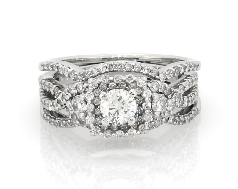 Main Image 1 of Previously Owned Round-Cut Diamond Double Halo Twist Bridal Set 1-1/5 ct tw 14K White Gold Size 6.75