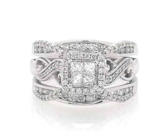 Previously Owned Princess-Cut Quad Diamond Halo Bridal Set 1-1/4 ct tw 14K White Gold Size 9.5