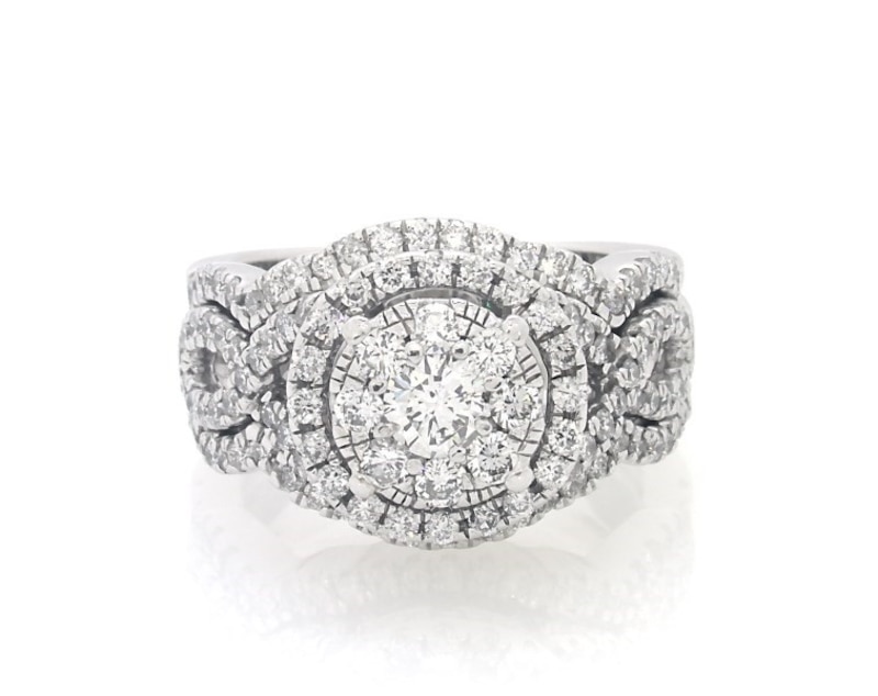 Main Image 1 of Previously Owned Round-Cut Diamond Double Halo Bridal Set 1-1/4 ct tw 14K White Gold Size 4.75