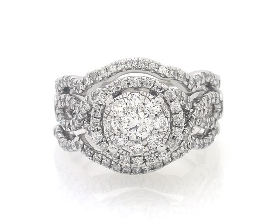 Previously Owned Round-Cut Diamond Double Halo Bridal Set 1-1/4 ct tw 14K White Gold Size 6