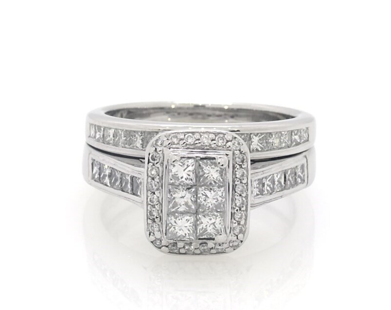 Main Image 1 of Previously Owned Princess-Cut Multi-Diamond Halo Bridal Set 1-1/2 ct tw 14K White Gold Size 7