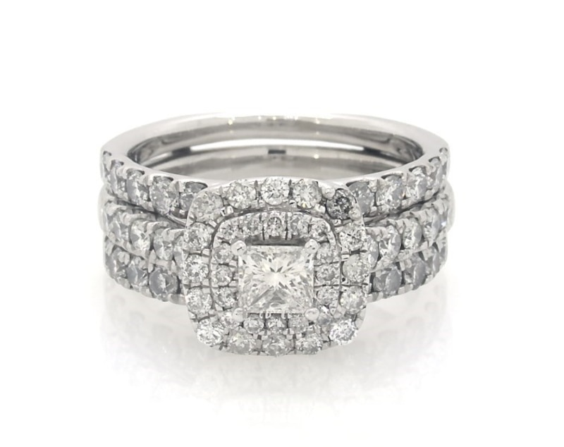 Main Image 1 of Previously Owned Princess-Cut Diamond Halo Bridal Set 2 ct tw 14K White Gold Size 5.25