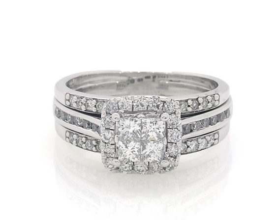 Previously Owned Princess-Cut Quad Diamond Halo Bridal Set 1-1/5 ct tw 14K White Gold Size 8