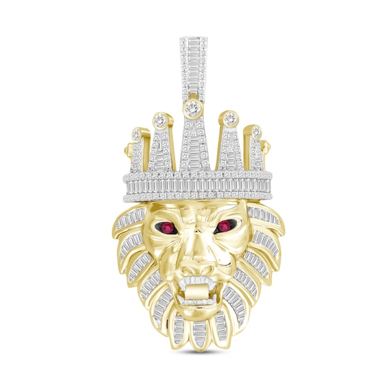 Previously Owned Men's Diamond & Lab-Created Ruby Pendant 1-1/2 ct tw Round & Baguette-cut 10K Yellow Gold