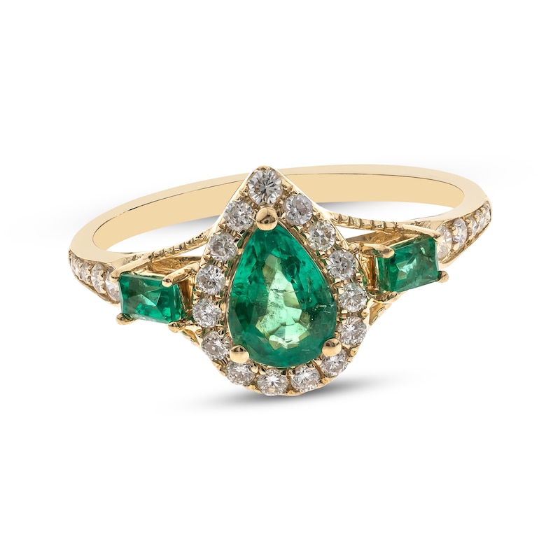 Main Image 1 of Previously Owned Pear-Shaped & Baguette-Cut Emerald & Diamond Ring 1/5 ct tw 10K Yellow Gold