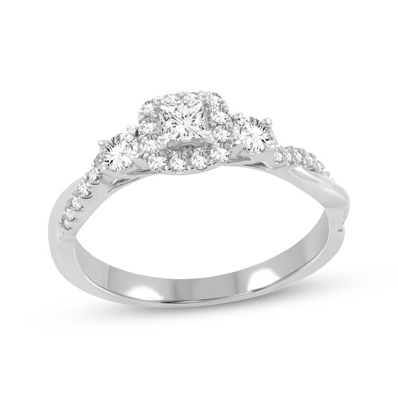 Previously Owned Three-Stone Princess & Round-Cut Diamond Engagement Ring 1/2 ct tw 14K White Gold