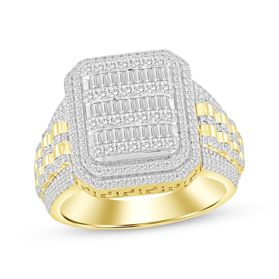 Previously Owned Men's Baguette & Round-Cut Multi-Diamond Center Greek Key Ring 1 ct tw 10K Yellow Gold