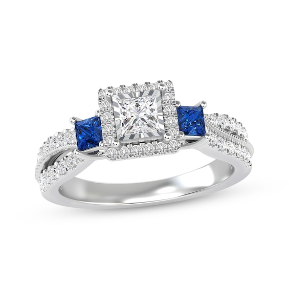 Previously Owned Memories Moments Magic Princess & Round Cut Diamond and Square-Cut Blue Sapphire Three-Stone Engagement Ring 3/4 ct tw 14K White Gold