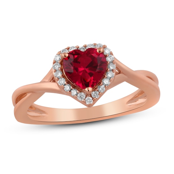Previously Owned Lab-Created Ruby Heart Ring 1/8 ct tw Diamonds 10K Rose Gold