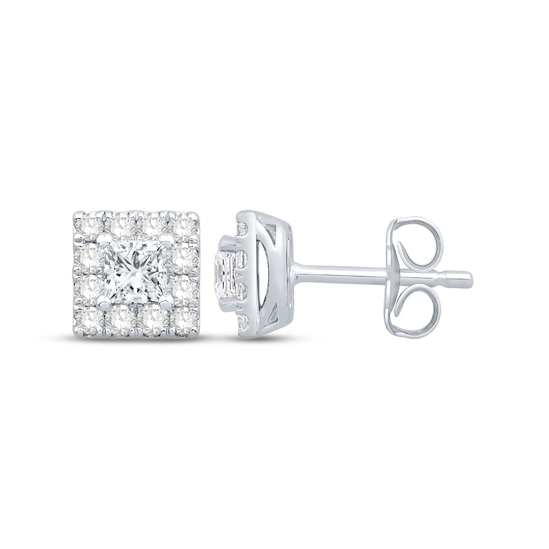 Main Image 2 of Previously Owned Diamond Stud Earrings 1 ct tw Princess & Round-cut 10K White Gold