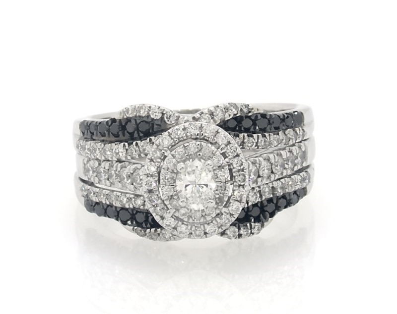 Main Image 1 of Previously Owned Oval-Cut Black & White Diamond Halo Bridal Set 7/8 ct tw 14K White Gold Size 7.25