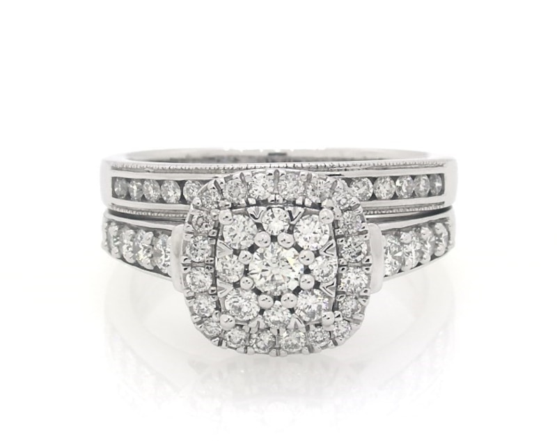 Main Image 1 of Previously Owned Multi-Diamond Cushion Halo Bridal Set 1-1/5 ct tw 14K White Gold Size 9.5