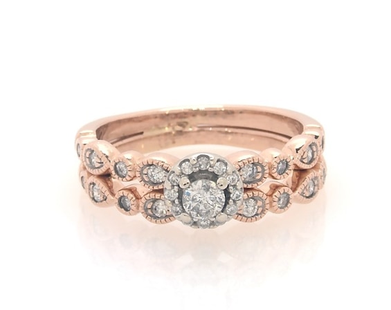Previously Owned Round-Cut Diamond Milgrain Shank Bridal Set 1/3 ct tw 10K Two-Tone Gold Size 4.75
