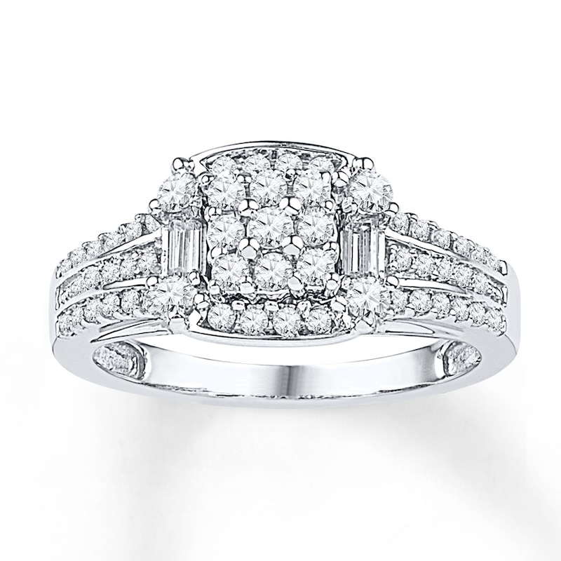 Main Image 1 of Previously Owned Baguette & Round-Cut Diamond Cushion Halo Promise Ring 5/8 ct tw 10K White Gold