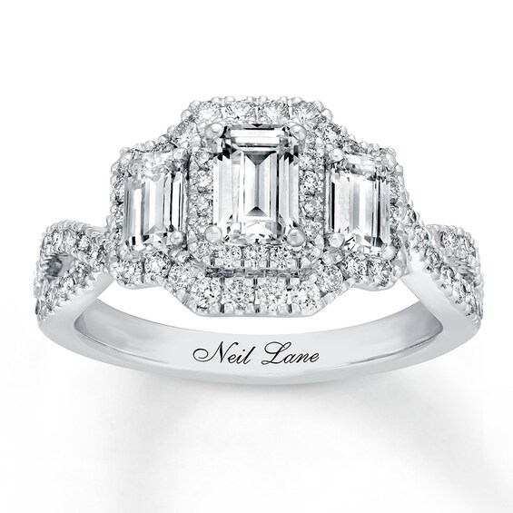 Previously Owned Neil Lane Diamond Engagement Ring 1-1/2 ct tw Emerald & Round-cut Diamonds 14K White Gold Size 7.5