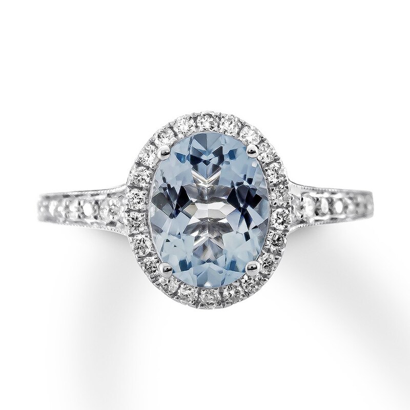 Main Image 1 of Previously Owned Aquamarine Engagement Ring 1/4 ct tw Oval & Round-cut Diamonds 14K White Gold