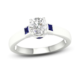 Previously Owned Diamond & Blue Sapphire Engagement Ring 3/4 ct tw Round & Princess-cut 14K White Gold
