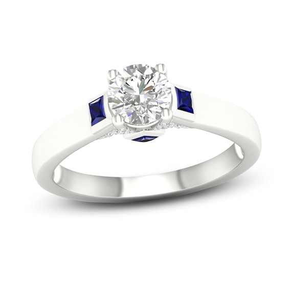 Previously Owned Diamond & Blue Sapphire Engagement Ring 3/4 ct tw Round & Princess-cut 14K White Gold