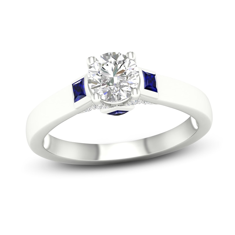Main Image 1 of Previously Owned Diamond & Blue Sapphire Engagement Ring 3/4 ct tw Round & Princess-cut 14K White Gold