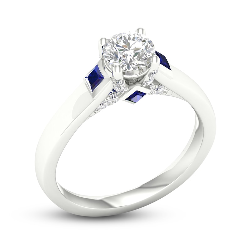 Main Image 2 of Previously Owned Diamond & Blue Sapphire Engagement Ring 3/4 ct tw Round & Princess-cut 14K White Gold