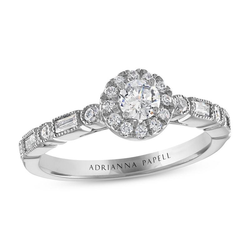 Main Image 1 of Previously Owned Adrianna Papell Diamond Engagement Ring 1/2 ct tw Round & Baguette-cut 14K White Gold