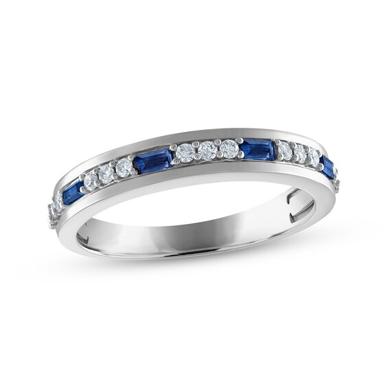 Previously Owned Men's Baguette-Cut Blue Sapphire & Diamond Wedding Band 1/5 ct tw 10K White Gold