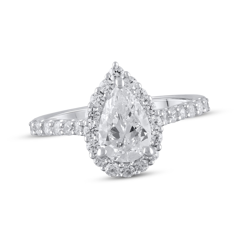 Main Image 1 of Previously Owned Lab-Grown Diamonds Halo Engagement Ring 1-1/2 ct tw Pear & Round-cut 14K White Gold