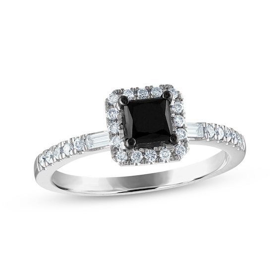 Previously Owned Princess-Cut Black Diamond & White Diamond Halo Engagement Ring 1 ct tw 14K White Gold